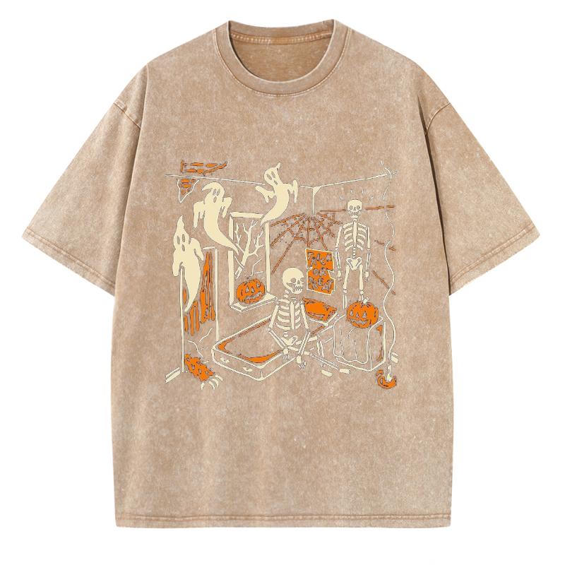 Halloween Pumpkin Print Women's T-Shirt Oversized Round Neck Wash Short Sleeve Y2K Simple Casual Top Festive Fashion