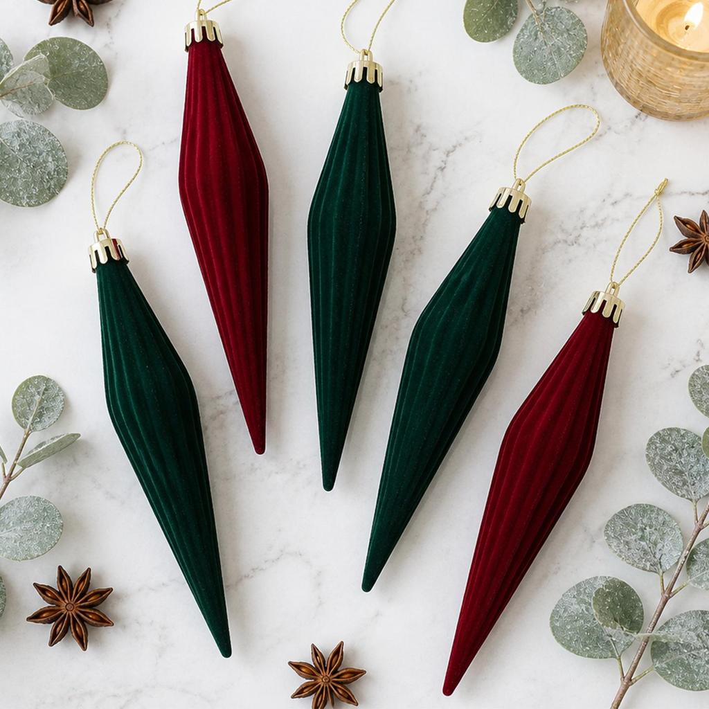 Wine Red Glitter Flocked Ice Pick Christmas Ornaments - 6-Piece Gift Box Set