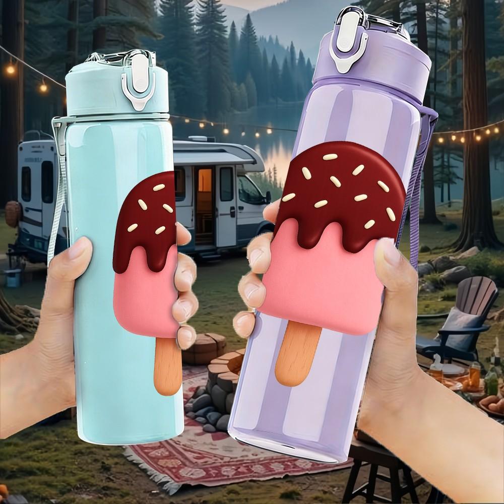1PC Pink Brown Ice Cream Cartoon Print 750ml Color Plastic Sports Water Bottle Leakproof Flip Straw Lid Suitable for Sports Office Home Use