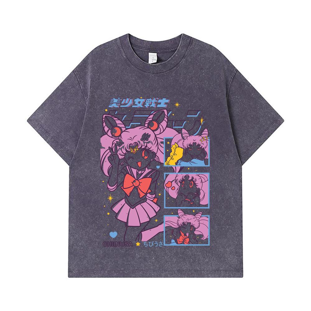 275 GSM Washed T-shirts 100% Cotton Chibiusa Print Unisex Heavy Cotton T Shirt