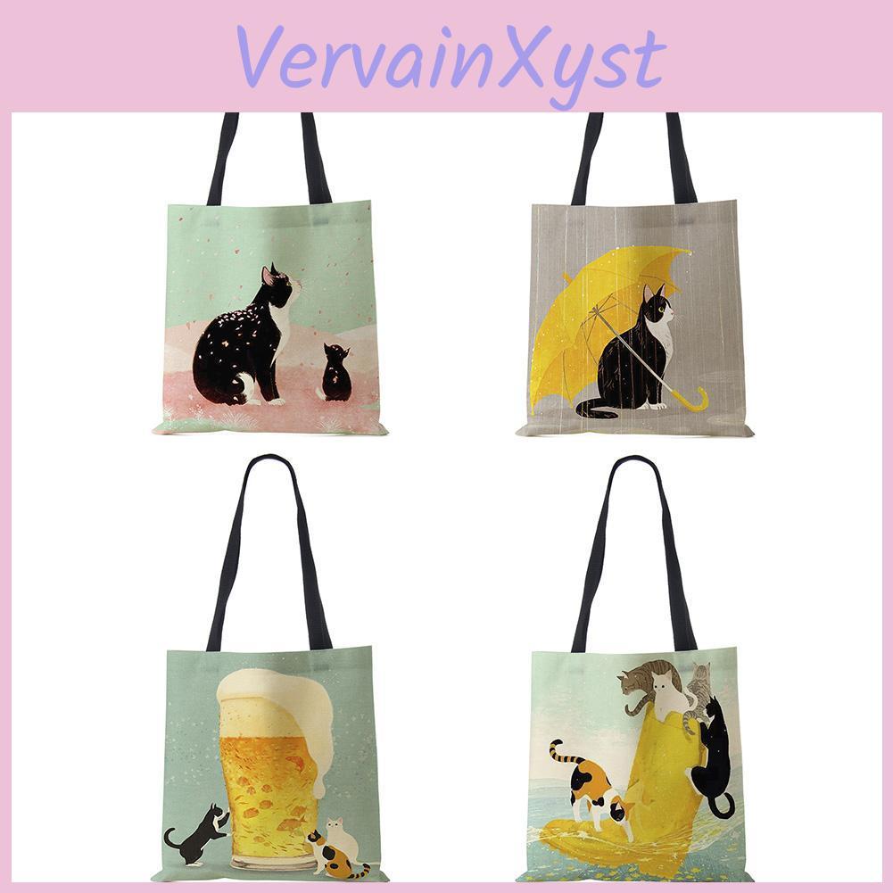 Korean Customized Print Cartoon Cat Tote Bag For Women Reusable Shoulder Bags For Groceries Folding Travel School Bags Pouch