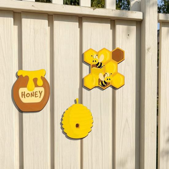 Yousheng 3 Pcs Rustic Wooden Bee Wall Art, Vintage Yellow Beehive Honeycomb Jar Wall Hanging Decor for Farmhouse, Wall, Patio, Fence, Indoor, Outdoor