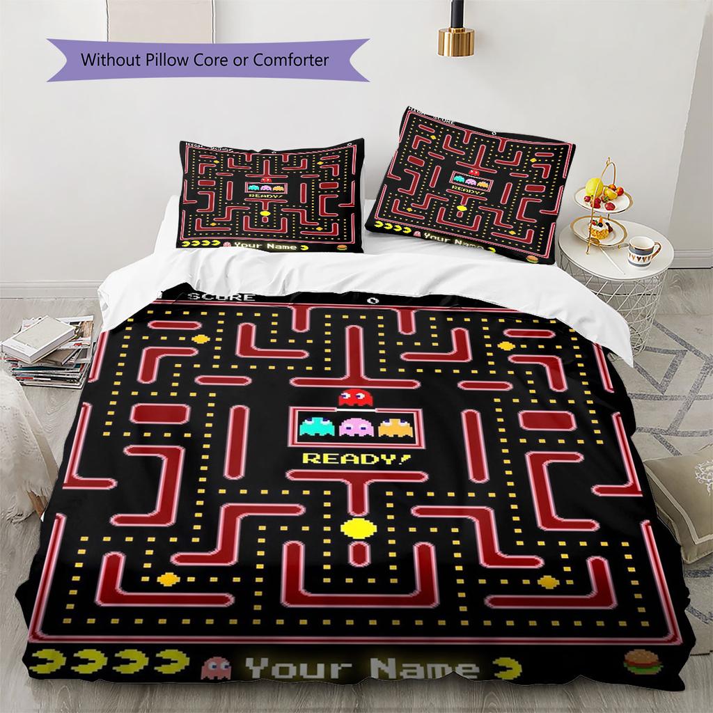 Pac-Man Custom Name Pattern Bedding,Quilt Set Quilt Cover Pillowcase Home Birthday Gift(1 * Duvet Cover + 2 * Pillowcase, Without Core)