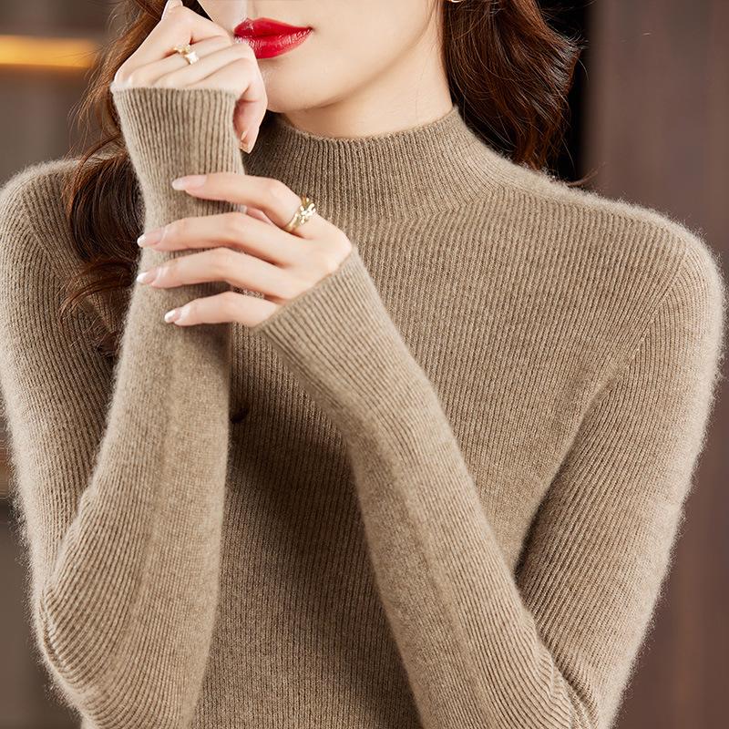 Women's Slim Fit High-Neck Wool Sweater - Long Sleeve Knit Base Layer for Autumn/Winter