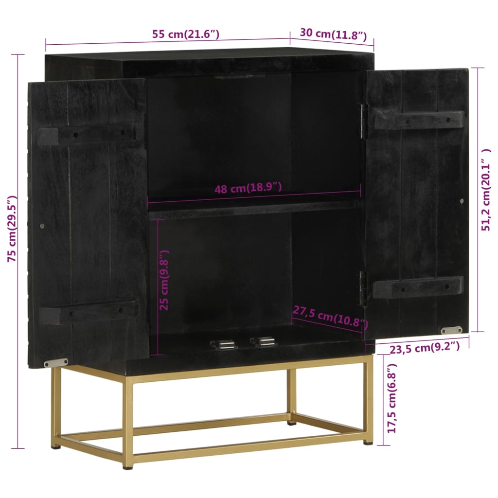Vidaxl Cabinet With 2 Doors, Black-Gold, 55X30X75 Cm, Mango Wood