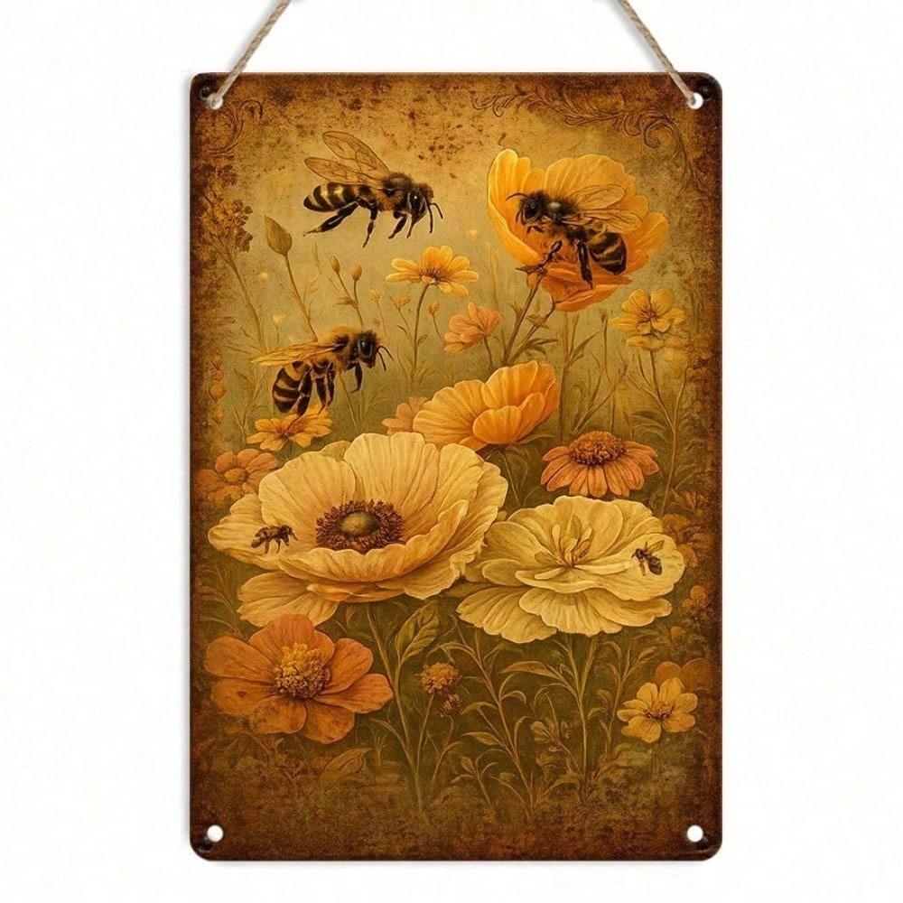 Vintage Metal Tin Sign 12x8 Inch Bees & Poppies Floral Wall Art Retro Farmhouse Iron Plaque Easy to Hang Home Decor