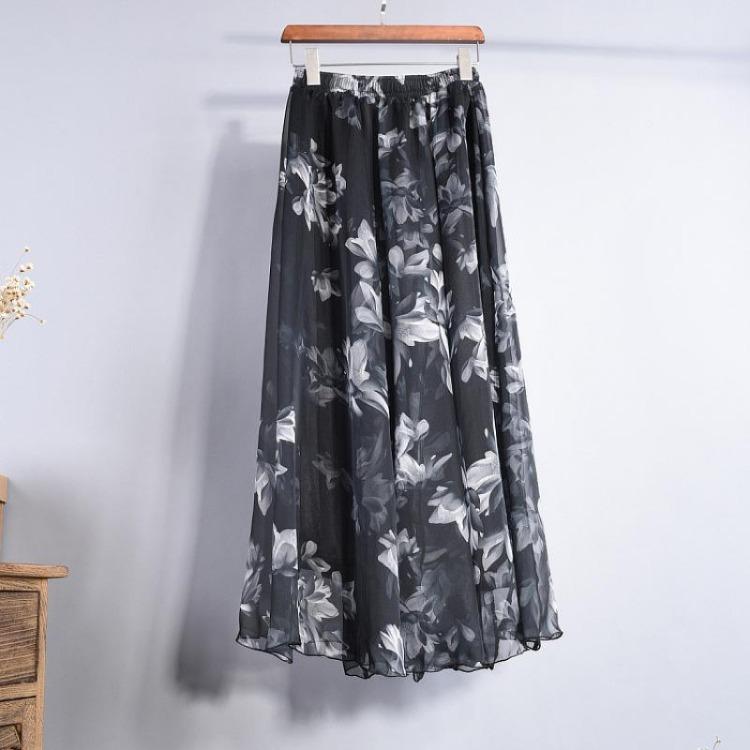 Bohemian Long Skirt Summer Retro Beach Skirt European and American New Style Printed Chiffon Skirt