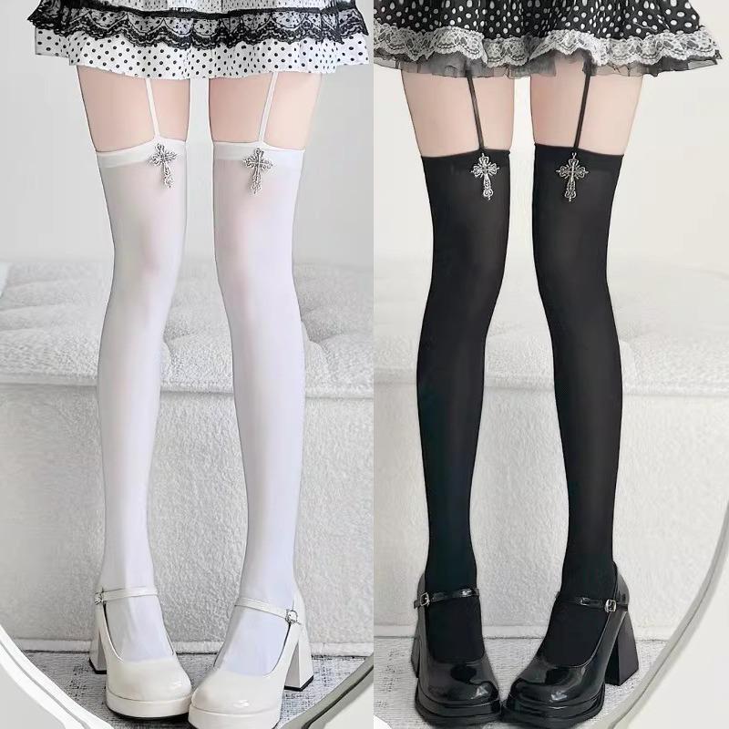2026 Personality Metal Cross Tights for Women Suspender Socks Thin Thigh High Lolita Anime Cosplay Gothic Over Knee Stockings