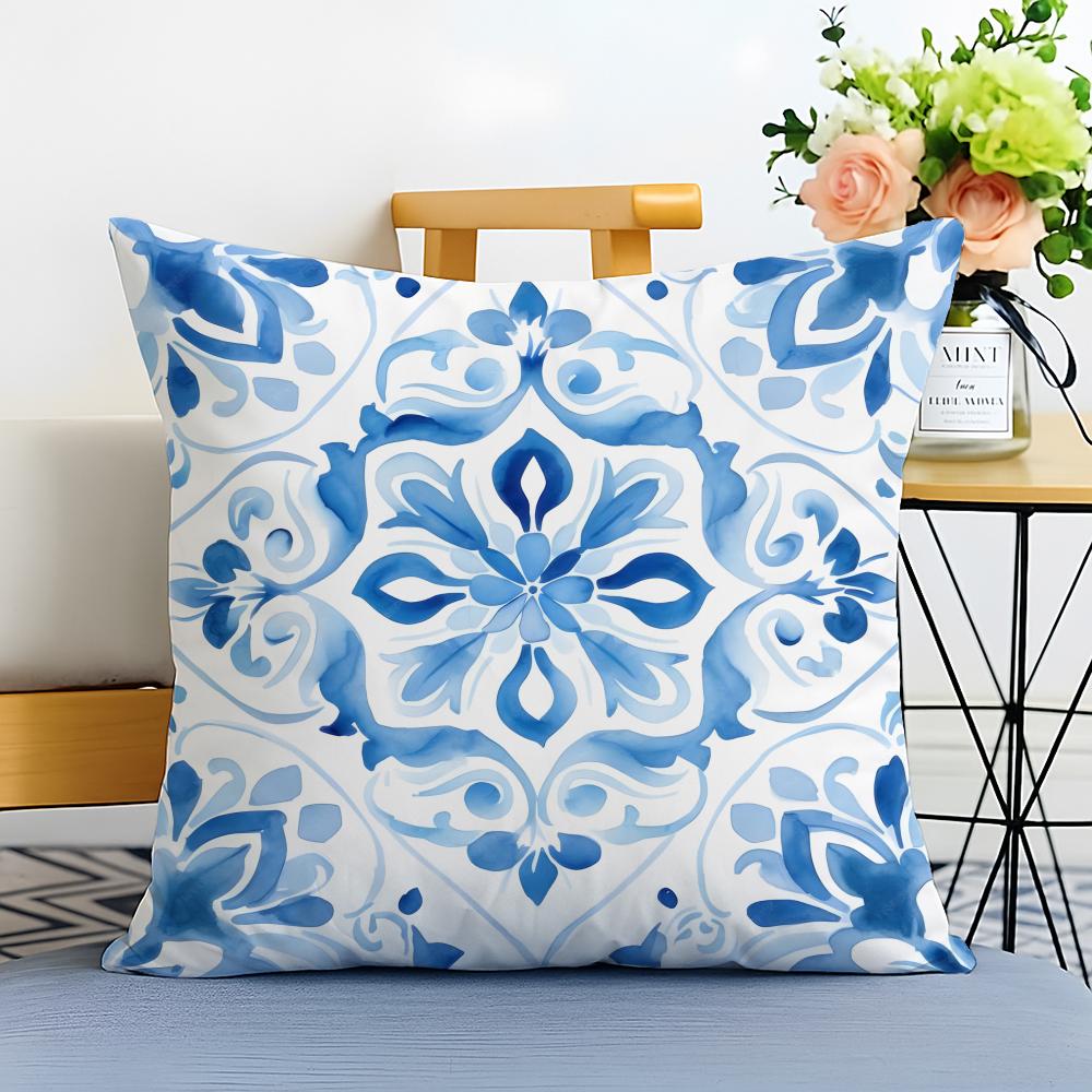 Blue and White Porcelain Cushion Cover Washable Linen Pillowcase Soft for Sofa Bed Cozy Home Room Decor