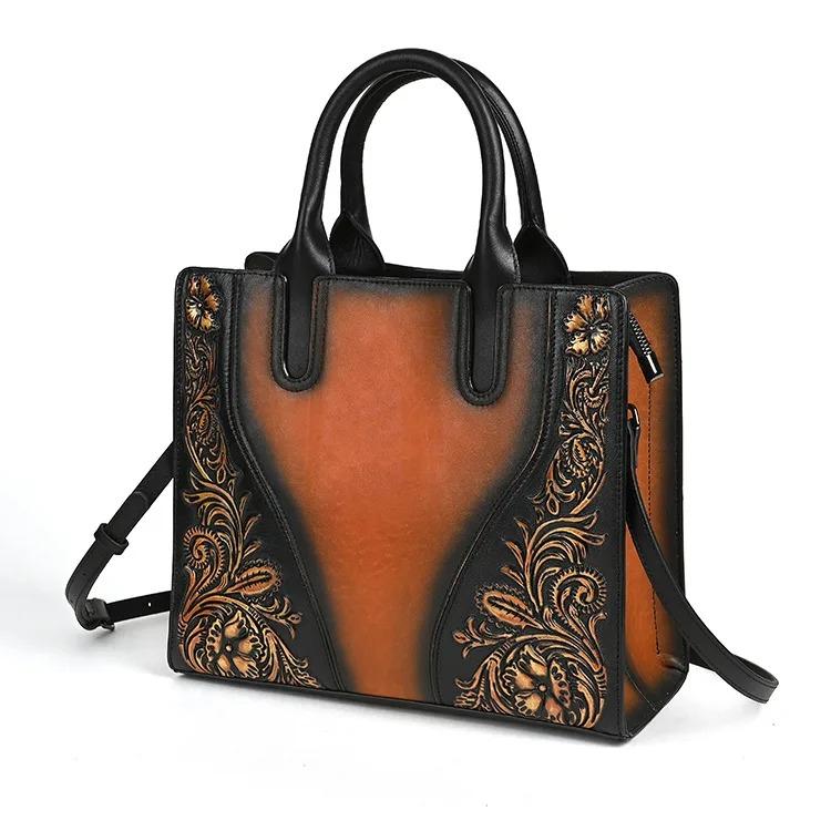 Johnature Genuine Leather Women's Handbag Retro Embossed Large Capacity Shoulder Crossbody Bags