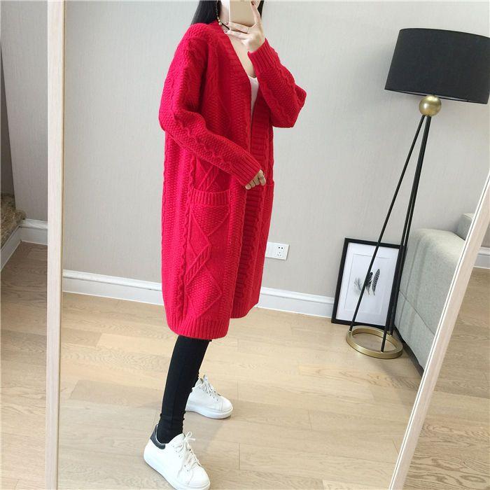 Loose V-neck Mid-length Knitted Cardigan for Women Diamond-shaped Twisted Sweater Coat Solid-color Casual Long-sleeved Cardigan