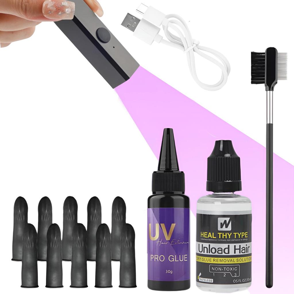 UV Light Hair Extension System Tool Kit UV-light Glue with UV Light Hair Extension Comb Hair Glue Remover V-light Extension Machine for Hair Salon