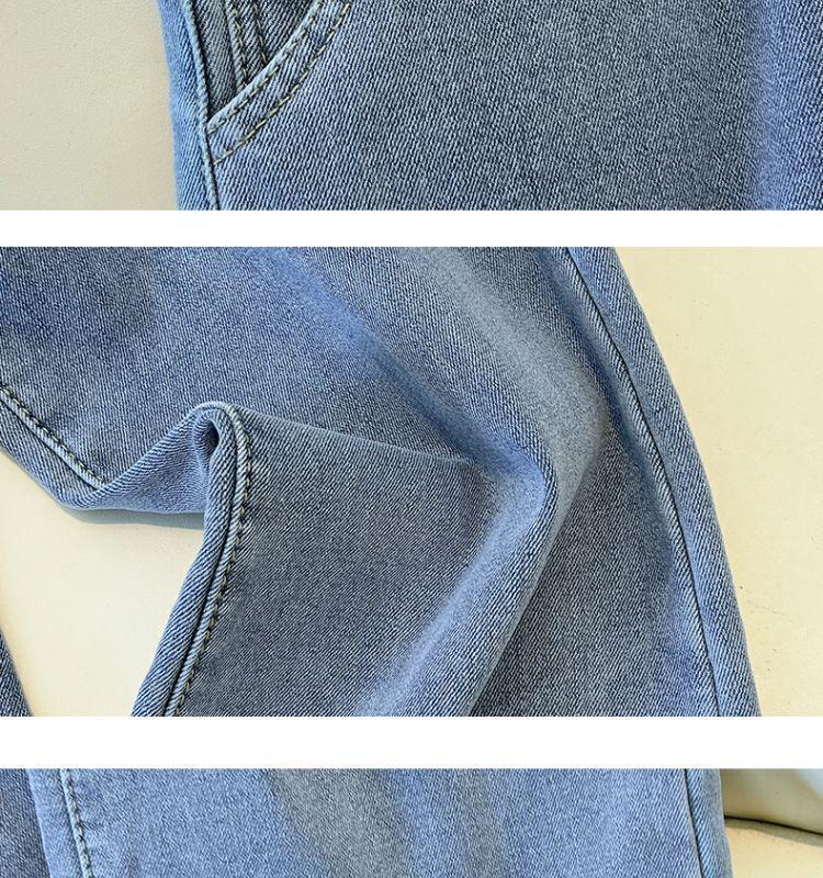 Women's Light Blue Plush Elastic Waist Wide-Leg Jeans, 2025 Spring/Autumn, Thickened, 9/10 Straight Leg.
