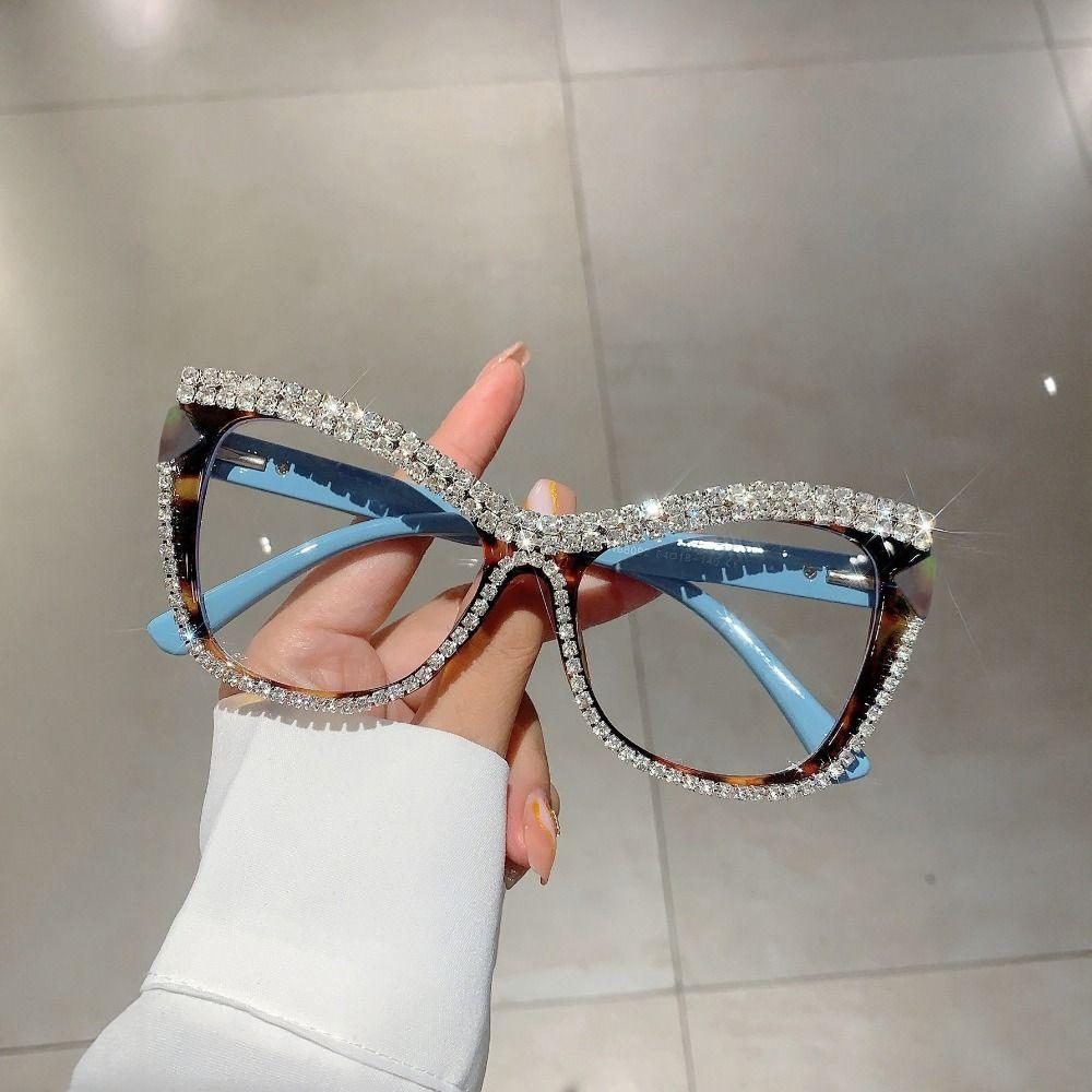 Fashion Anti-Blue Light Glasses Luxury Large Frame Eyewear Convenient Rhinestone Glasses  Selfie