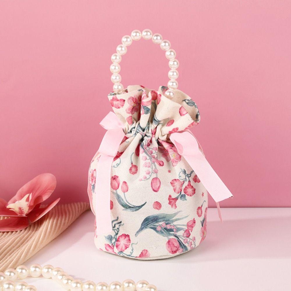 Pearl Handle Canvas Flower Drawstring Bag Ribbon Bow Festive Sugar Bag Bowknot Handbag  Outdoor