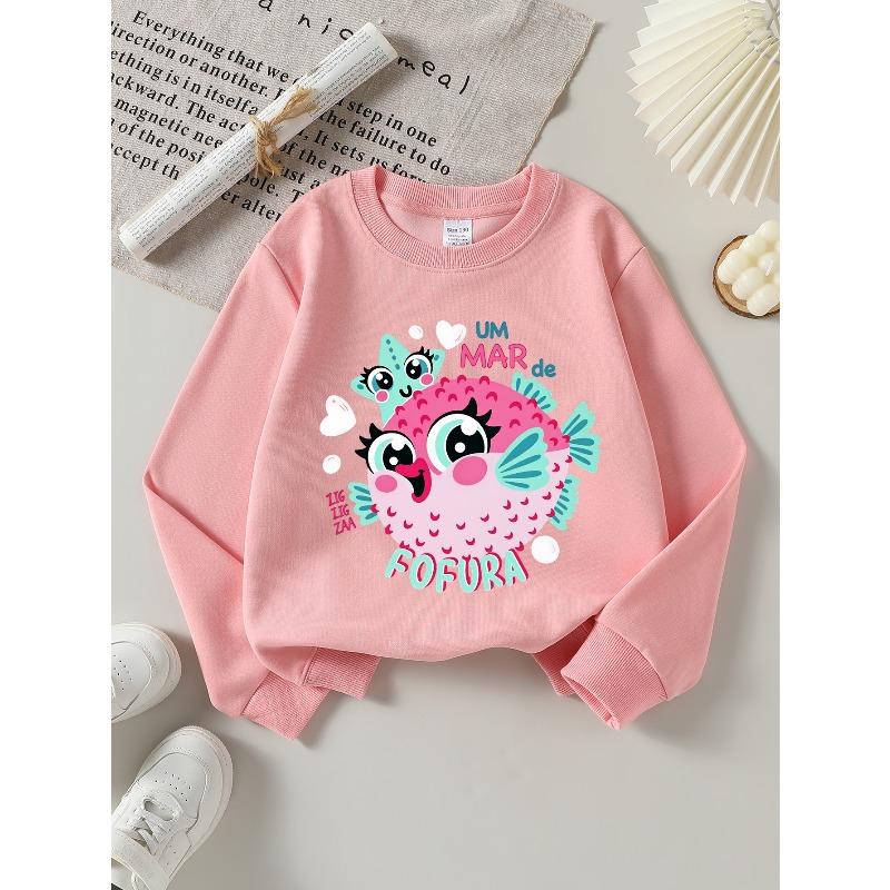 Girls' Crew Neck Sweatshirt Cute Fish with Star And Text, Soft Cozy Pullover, Warm Casual Outfit for Autumn And Winter