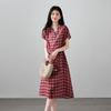 SOFSIL Women's Retro Plaid Ramie V-Neck Midi Dress