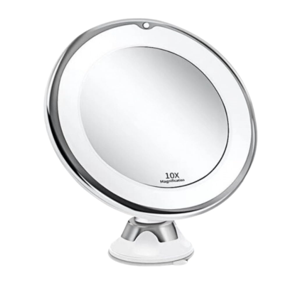 

JP Number 10x Magnifying Makeup Bathroom Tabletop Mirror with Suction Cup LED Battery Stand or Wall Mountable Mirror, Mirror, Lock, 360-Degree