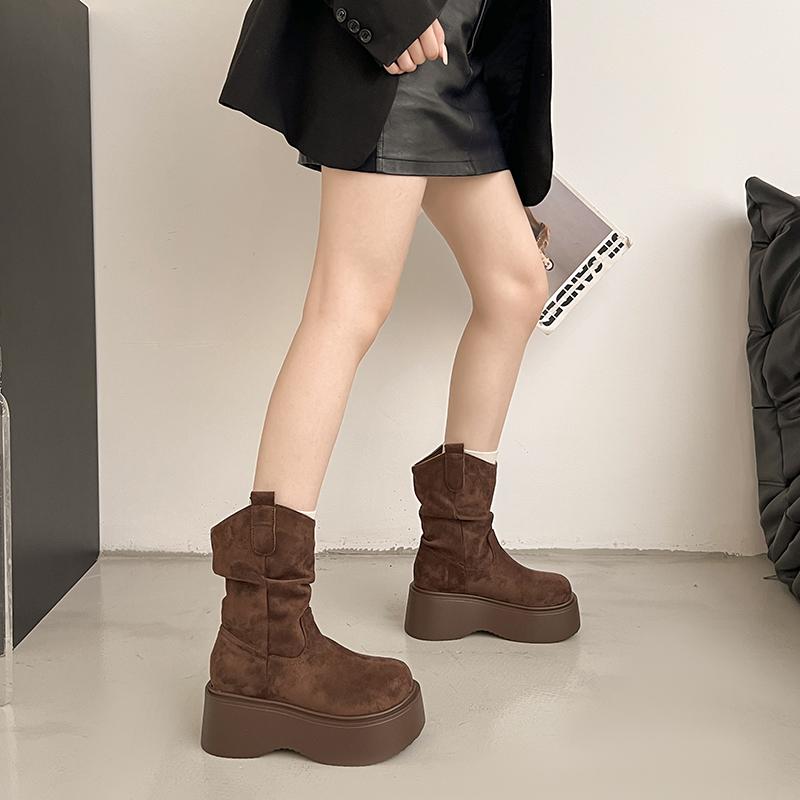 Fashion 2025  NEW Fashion Style Women Shoes Heel Height Platform Suede Mid Calf Boots Woman Ankle Boots Decor Woman Boots 6546