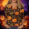 Women V Neck Three Quarter Sleeve Button Down Halloween Printed Casual T Shirt Top for Holiday and Daily Wear