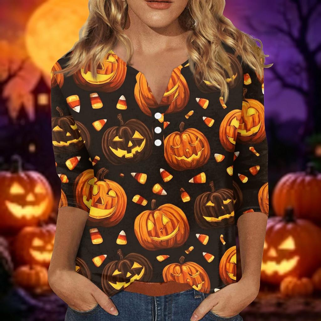 Women V Neck Three Quarter Sleeve Button Down Halloween Printed Casual T Shirt Top for Holiday and Daily Wear