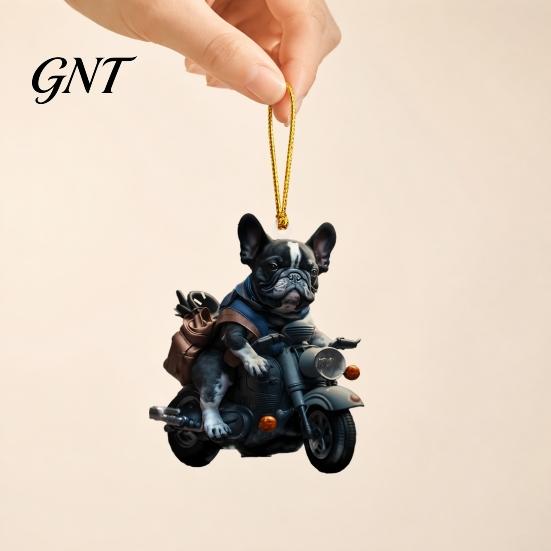 Christmas Party Hanging Decoration Puppy Riding Motorcycle Car Pendant, 2D Flat Acrylic Rearview Winter Holiday Decor Mirror Charm, Decoration,