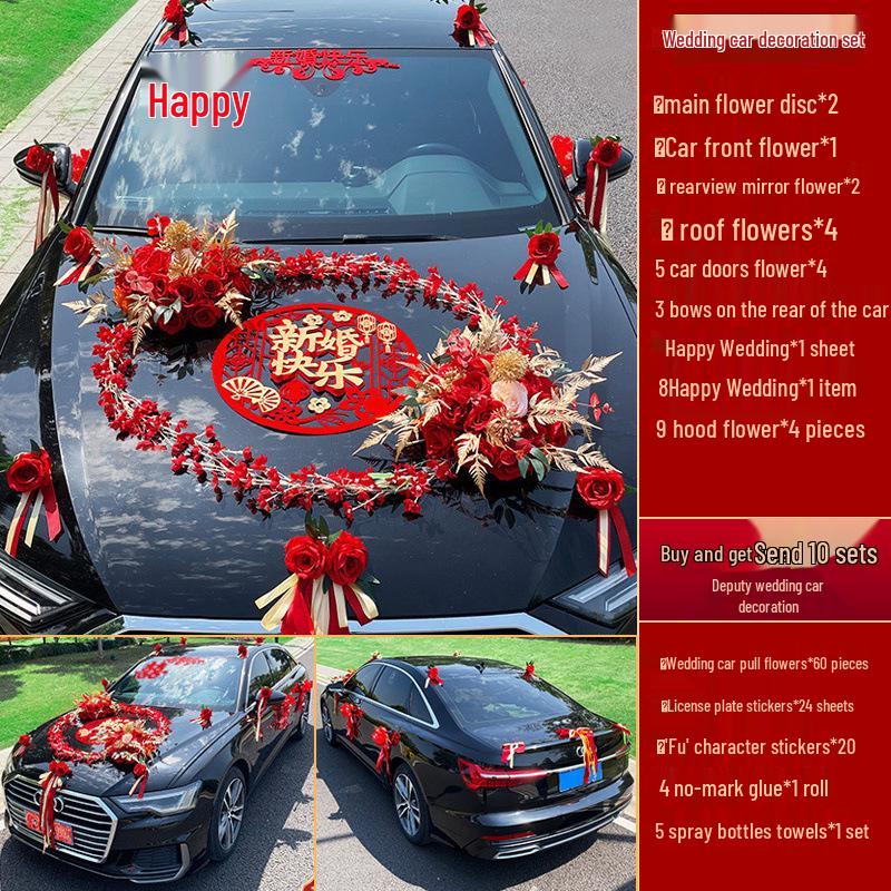 Complete Wedding Car Decoration Set: Front Flower Main Car and Lead Car Arrangement