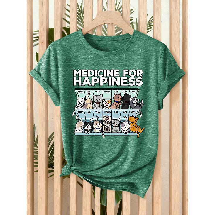 Women's Summer Tops | “Happiness Pill” Cat Calendar with Fun Cartoon Prints for Women T Shirt | Fun cartoon-style loose-fitting round-neck