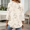 Damen 3/4 Ärmel V-Ausschnitt Knopfdetails Blumenmuster Tunika Oberteil Lässig Lockerer Schnitt Leichte Bluse