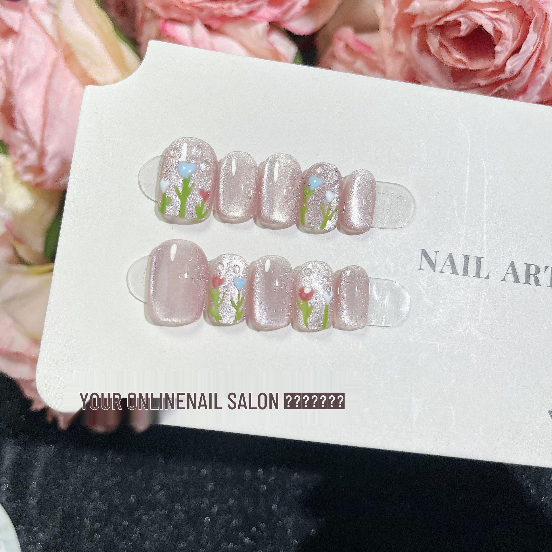 

Ногти-тюльпаны, расписанные вручную, носимые гелевые ногти - Весенне-летние стили с отбеливающими наклейками для ногтей Medium