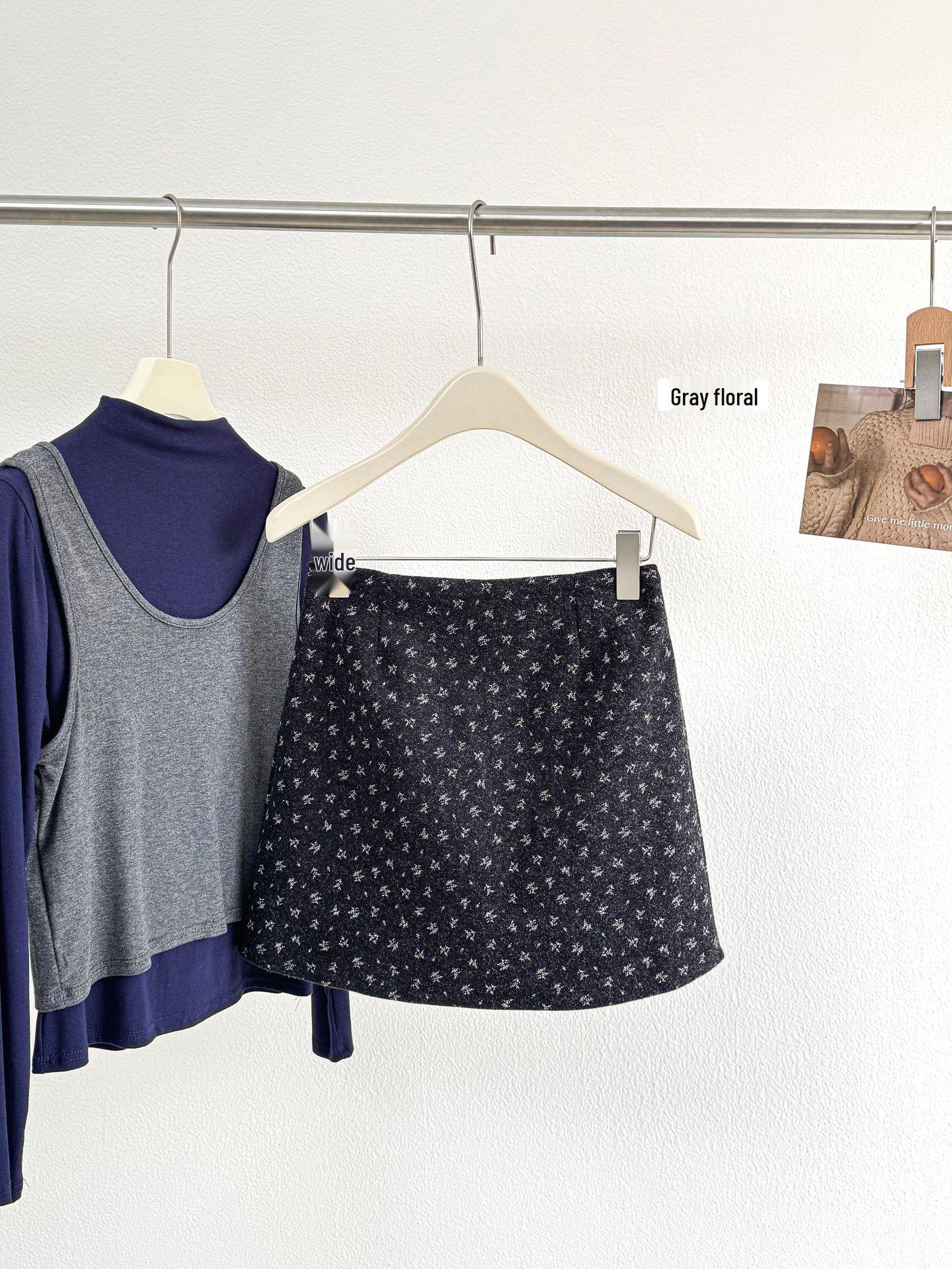 Korean Style Floral Woolen A-Line High-Waisted Petite Skirt for Autumn/Winter One Size серый/цветочный