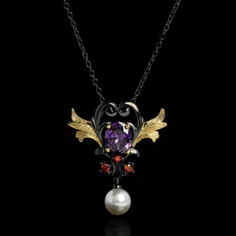 Pearl Pendant Female Elegance Zircon Jewelry Inlaid Sweater Chain Black Gold Love Necklace High Quality Two-Color Purple