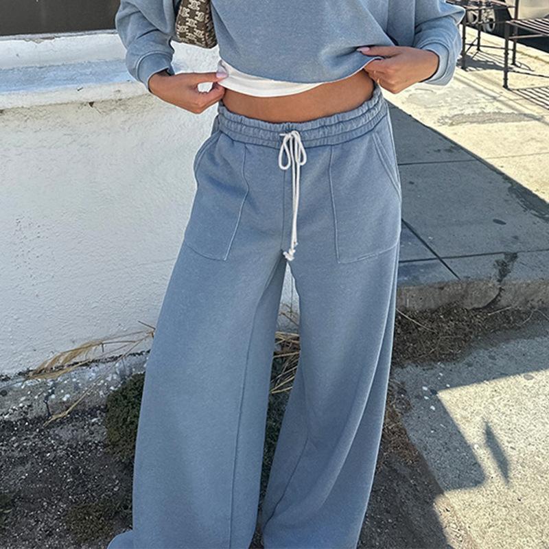 

Женские осенние свободные однотонные повседневные брюки с длинным шнурком и эластичной талией L синий