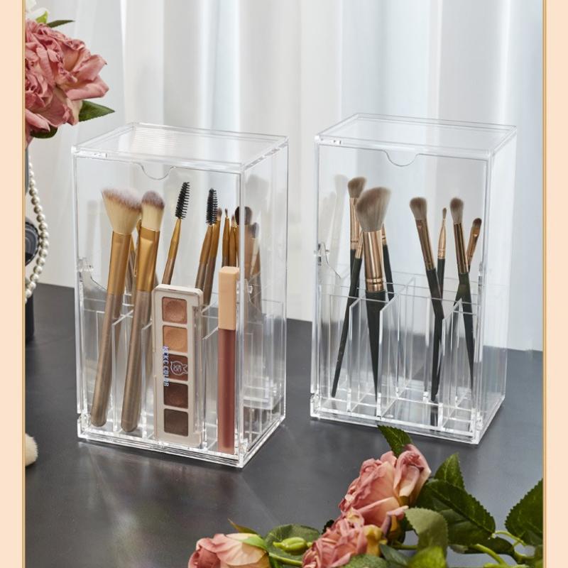 Clear Cosmetic Brush Storage Box, Makeup Brush Holder with Lid, Large-Capacity Design for Organize the Vanity Desk