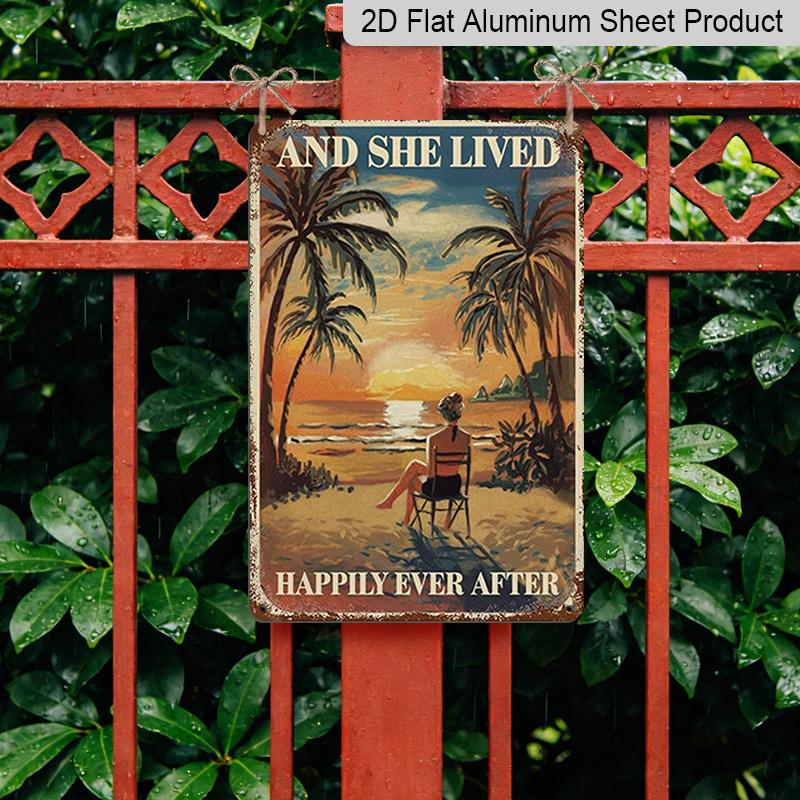 2D Flat - Retro Beach Aluminum Sign - Lady Enjoying The Shore, Ideal for Home and Bar Decoration, Wall Mounting, 7.87*11.8 Inchs, No Electricity