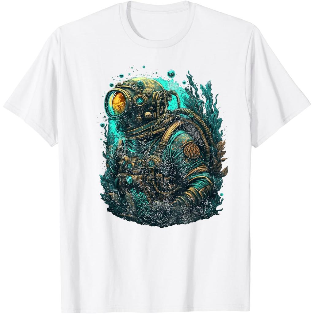 Steampunk Deep Sea Diver Graphic Tee Retro Scuba Suit Print Mens Casual Tshirt