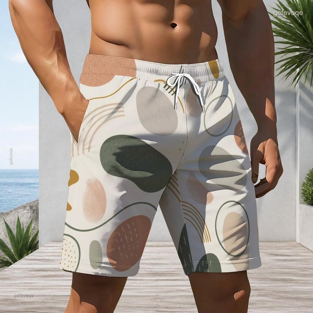 Men Plus Size Colorful Printed Beach Shorts Drawstring Waist Side Pockets Straight Leg
