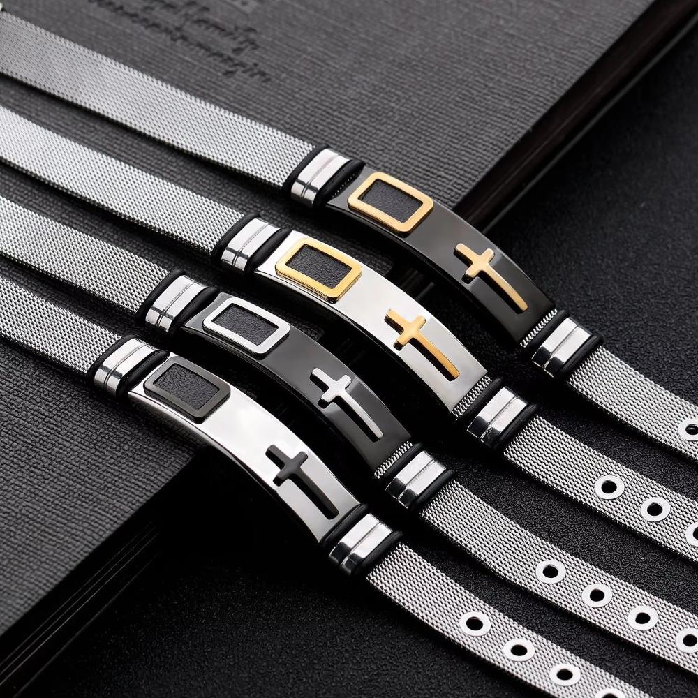 Retro Stainless Steel Adjustable Cross Bracelet Waterproof Men's Silicone Bangles Amulet Religious Fashion Jewelry Bracelets