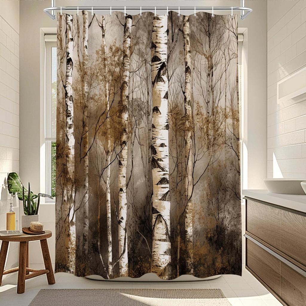 Birch Tree Forest Shower Curtain Machine Washable All Season Waterproof Privacy Protection Nature Design Rustic Hooks Included