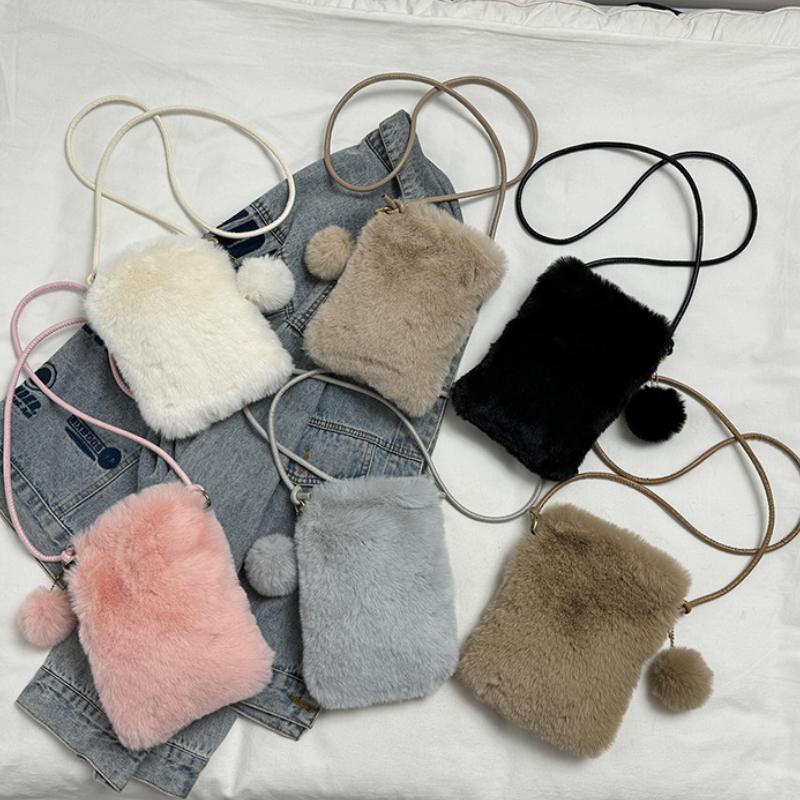 Women Plush Crossbody Bag Solid Color Mobile Phe Bag Versatile Mini Wallet Plush Shoulder Bag 2026 Autumn Winter Coin Purse
