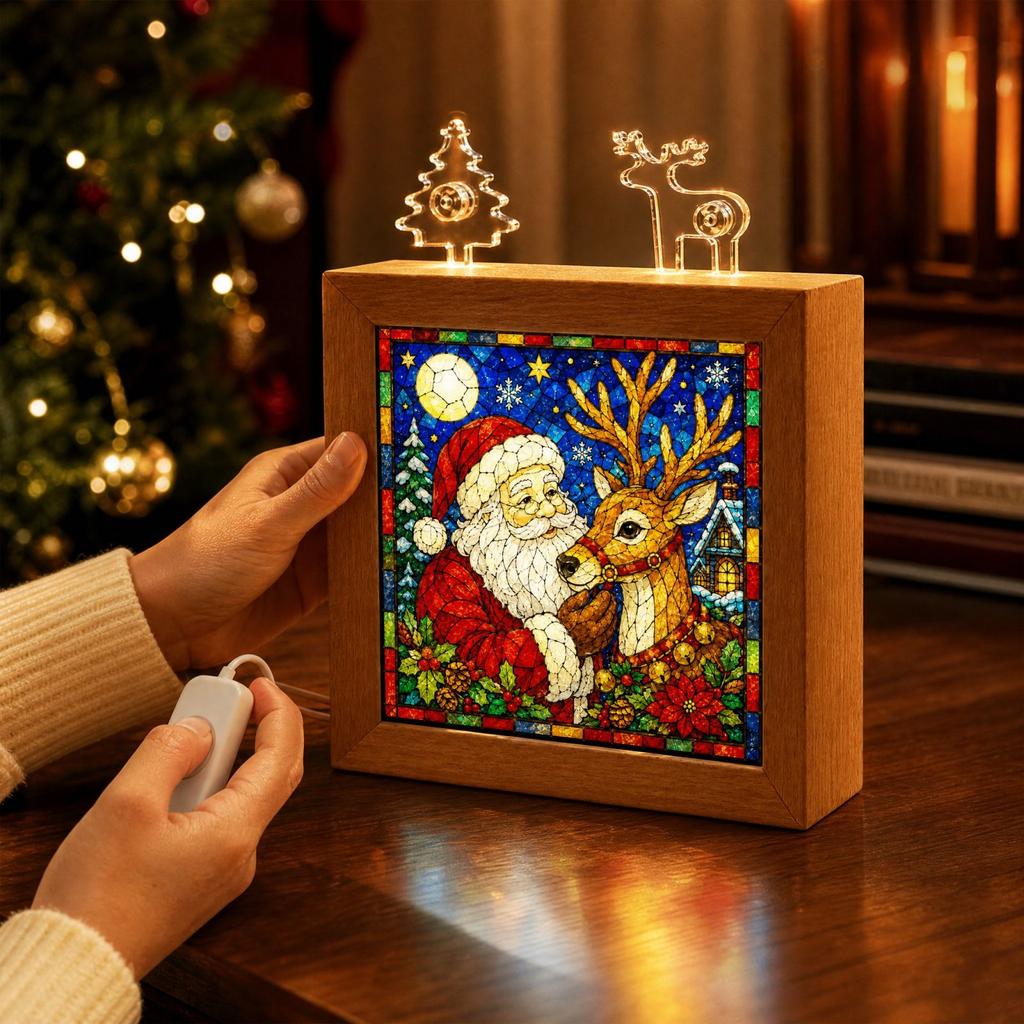 Christmas and Stained Glass Night Light, Wooden Acrylic Tabletop Decorative Lamp,