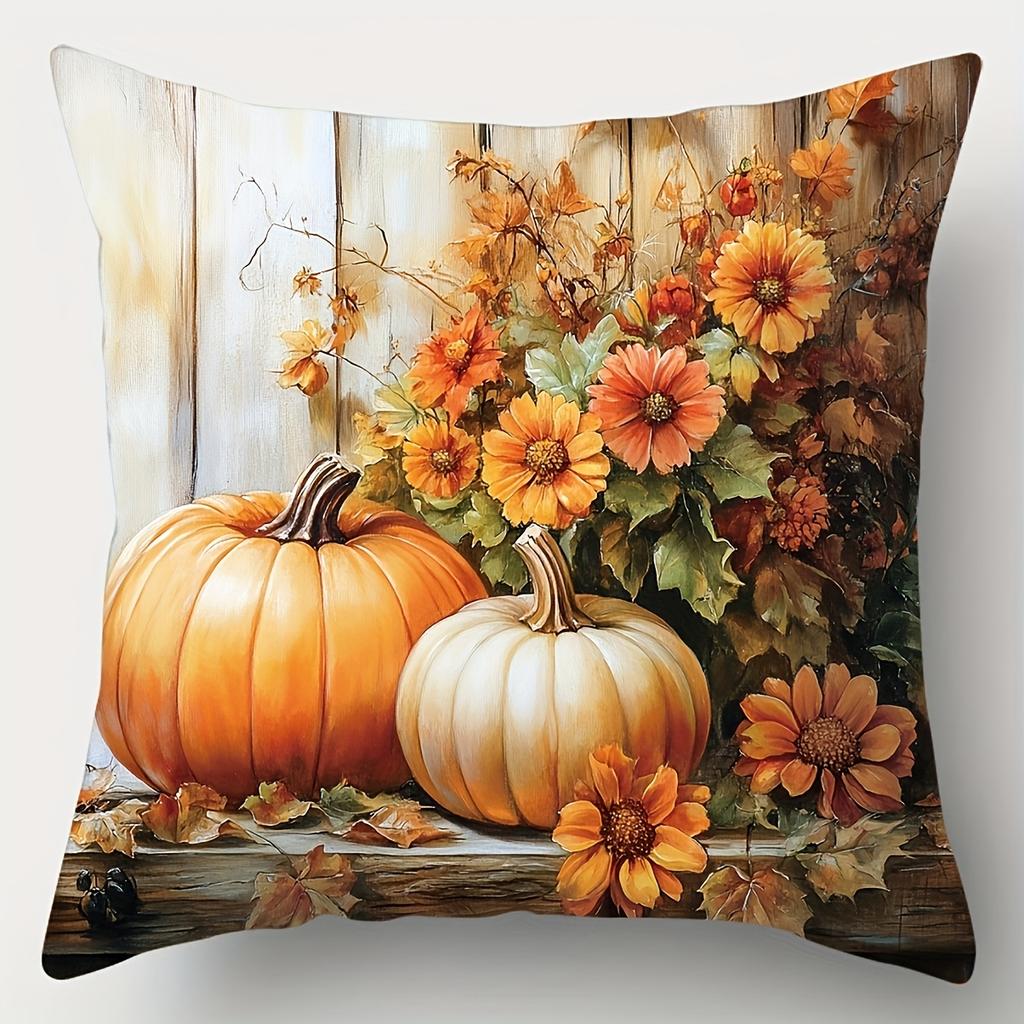 2D Flat - Set of 4pcs 2D Flat Double-Sided Printed Throw Pillow Covers, Autumn Pumpkin Theme with Sunflower Chrysanthemum Grape And Bird Patterns, Dec