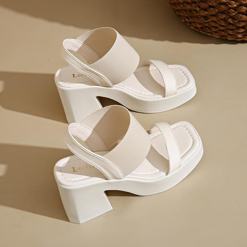 

Женские летние сандалии на толстом каблуке большого размера, новые, европейского и американского стиля, с квадратным носком и открытым носком, на эластичном высоком каблуке 41 бежевый