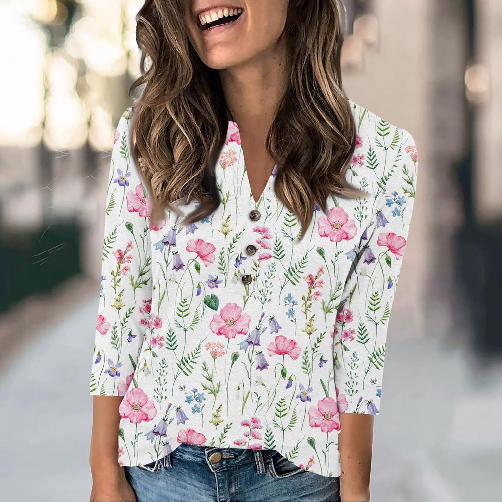 Women's Fashion Casual Loose 3/4 Sleeve Printed Round Neck Top