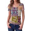 Women Slim Fit Square Neck Short Sleeve Top Vintage Floral Print Patchwork Ribbed Texture Stretchy Casual Shirt