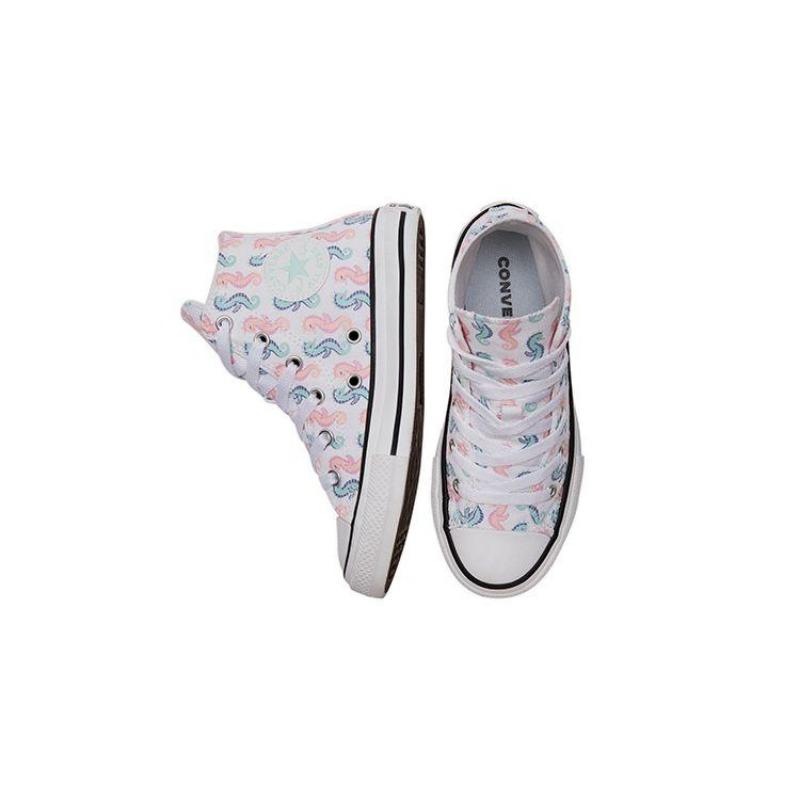 Converse Chuck Taylor All Star Kids High Canvas Shoes All-over Seahorse Print Wear-resistant White Blue Pink 372871C