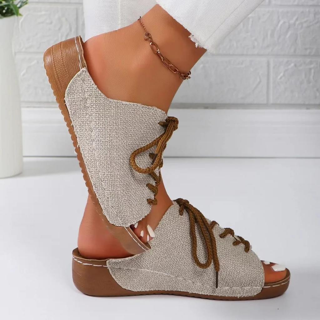 Fashion 2024 Summer Wedges Slipper New Thick Soles Casual Zapatos De Mujer Gladiator Lace Up Peep Toe Linen Cloth Heeled Sandals Slides