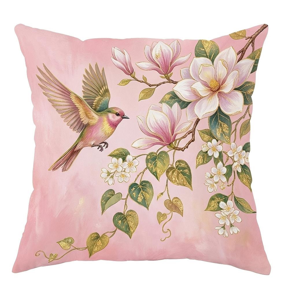 1/4pcs 2D Flat- Chinoiserie Pink Floral & Songbird Throw Pillow Covers Home farmhouse outdoor decoration cushion cover