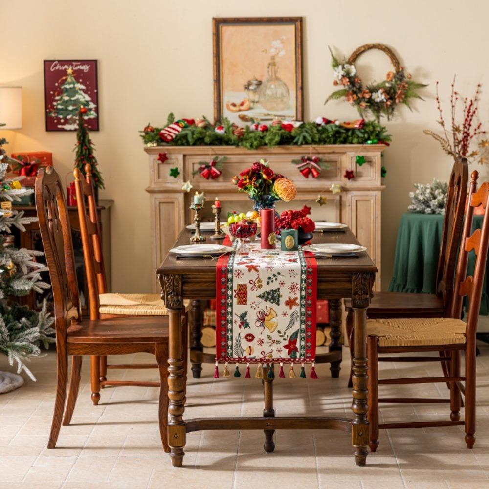 

Festive Christmas Table Runner Woven Jacquard Design Vintage Style Dining Decor Fringe Trim Cover Flag 35x100