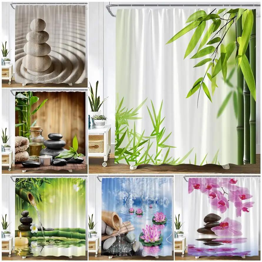 Zen Green Bamboo Shower Curtain Pink Flower Plant Black Stone Spa Garden Scenery Wall Hanging Fabric Bathroom Decor Curtains S